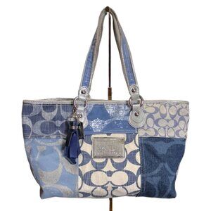 Coach Poppy Collection Blue Denim Patchwork with Silver Detail Tote Purse